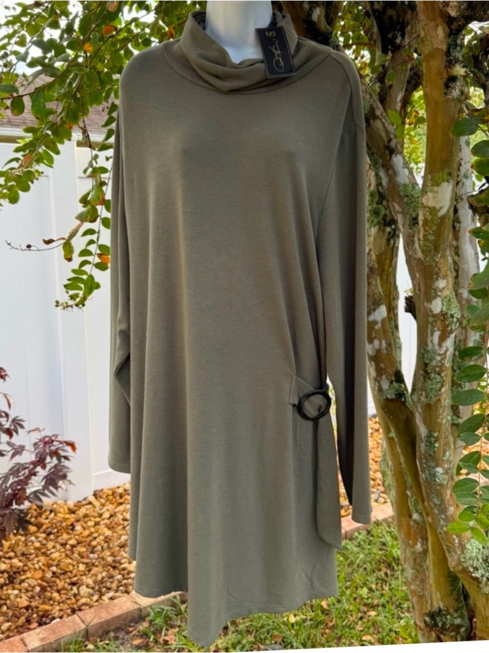 NWT David Emanuel Women’s 3X Olive Green Cowl Neck Tunic Dress Ring Detail